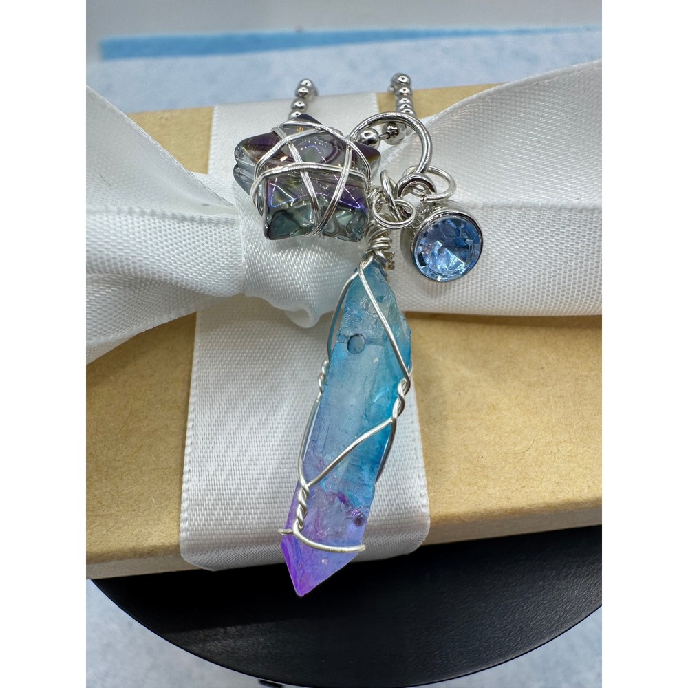 Wire Wrapped Crystal Star Necklace Blue Aura Quartz Iridescent Celestial